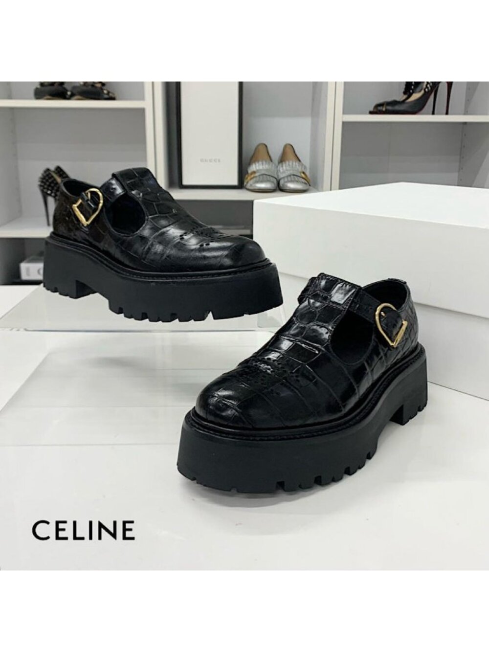 Celine Triomphe Croco Embossed Leather Bulky Hedi Slimane Era Flat Shoes
